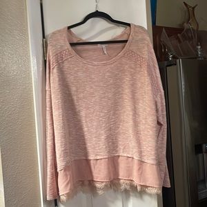 Salmon, colored lace sweater and chiffon material shirt